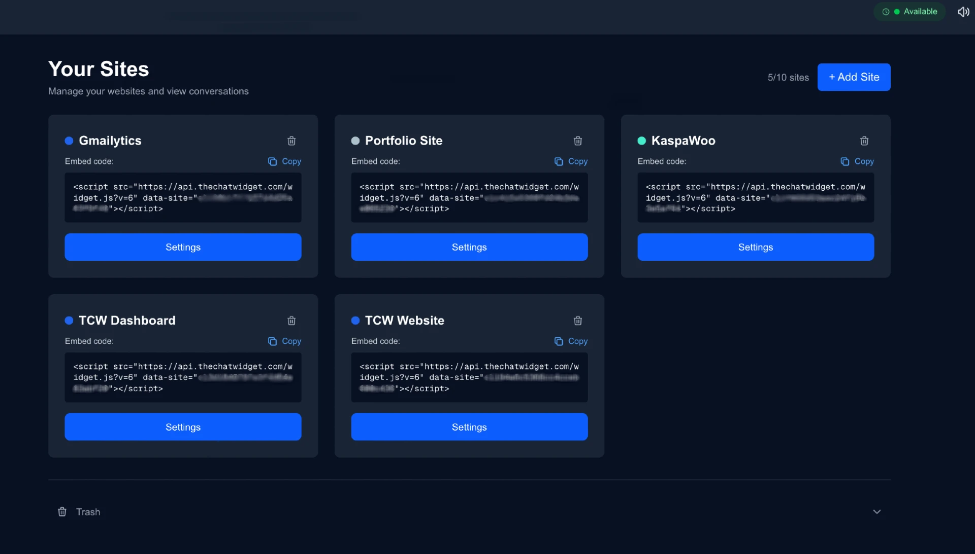 Multi-site live chat dashboard — manage multiple websites from one place
